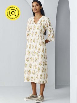 Ancestry - V Neck Floral Printed Schiffli Dress