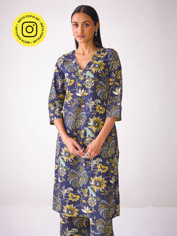 Ancestry - Navy Blue Allover Floral Printed Kurta