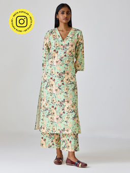 Ancestry - Green Linen Pinted Kurta