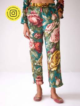 Ancestry - Masakkali Floral Printed Turquoise Velvet Pants