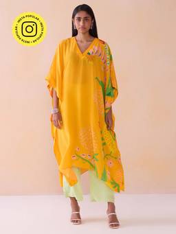 Ancestry - Yellow V-Neck Marigold Printed Kaftan