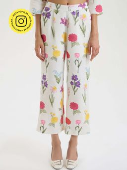 Ancestry - White Linen Floral Straight Pant