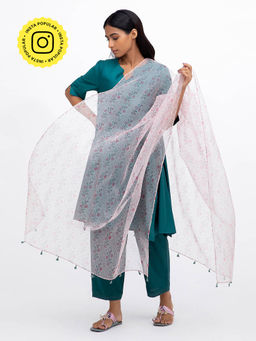 Ancestry - Pink Pastel Floral Pure Organza Silk Dupatta