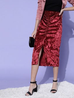 Marie Claire - Women Casual Maroon Solid Midi Skirt