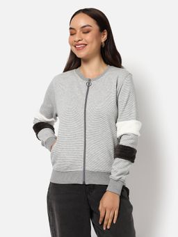 Campus Sutra - Womens Striped Cotton Sweatshirt Grey