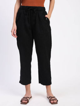 Global Republic - Black Cotton Textured Ankle Length Pant