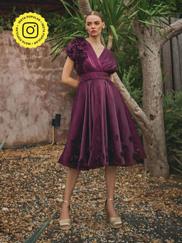 House of Fett - Vanessa Organza Applique Floral Dress - Wine