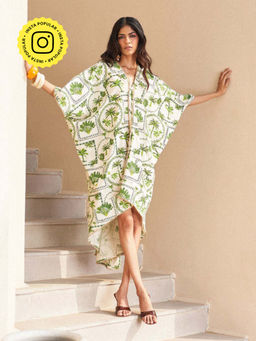 House of Fett - Moana Palm Print Kaftan Dress - Beige