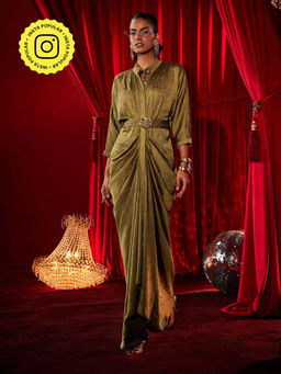 House of Fett - Crush Satin Waldorf Gown with Belt - Olive