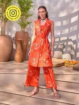 House of Fett - Amer Printed Orange Crop Top with Jacket and Pant Co-Ords