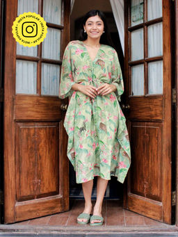 House of Fett - Tropical Drawstring Chinon Floral Printed Kaftan Dress