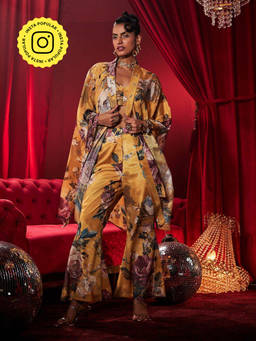 House of Fett - Mustard Rose Tiara Floral Bell Bottom Pant
