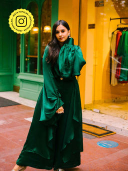 House of Fett - Green Polyester Satin Top with Pant