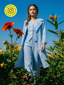 House of Fett - Blue Cotton Linen Blend Waistcoat with Pant and Jacket