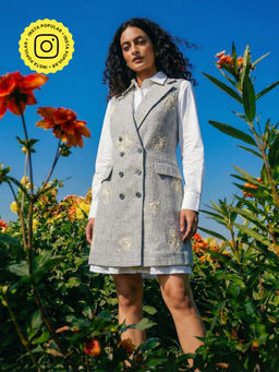 House of Fett - Grey Misty Gardenia Embroidered Dress And Jacket Set