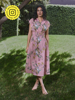 House of Fett - Babka Printed Cotton Peach Midi Dress