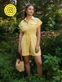House of Fett - Women Yellow Solid Collared Neck Playsuit