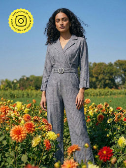 House of Fett - Women Blue Stripes Assymetrical Neck Jumpsuit