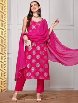ISHIN - Silver Foil Print Cotton Straight Kurta with Pants & Dupatta (Set of 3)