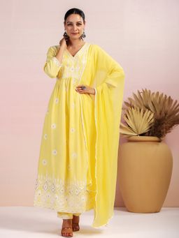 ISHIN - Embellished Rayon A-Line Kurta with Pants & Dupatta (Set of 3)