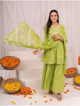 ISHIN - Green Leheriya Lace Work Cotton A-Line Kurta with Sharara & Dupatta (Set of 3)
