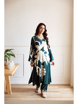 ISHIN - Teal Printed Rayon A-Line Kurta with Pants (Set of 2)