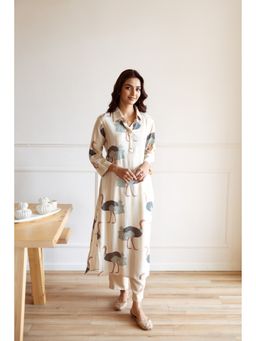 ISHIN - Cream Printed Rayon A-Line Kurta with Pants (Set of 2)