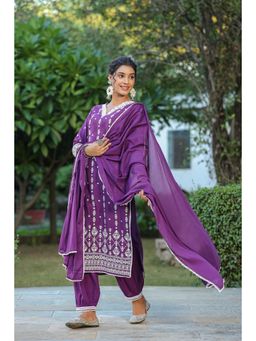 ISHIN - Purple Cotton Straight Kurta with Pants & Dupatta (Set of 3)