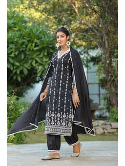 ISHIN - Black Cotton Straight Kurta with Pants & Dupatta (Set of 3)