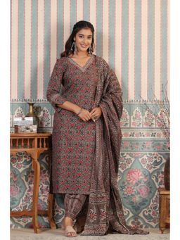 ISHIN - Kalamkari Straight Kurta with Zari Embroidered Yoke with Pants & Dupatta (Set of 3)