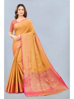Silk Land - Kanjeewaram Silk Woven Yellow Saree with Unstitched