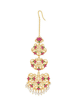 ZARIIN - 22KT Gold Dipped in Pink Enamel Goddess Lotus Maang Tikka