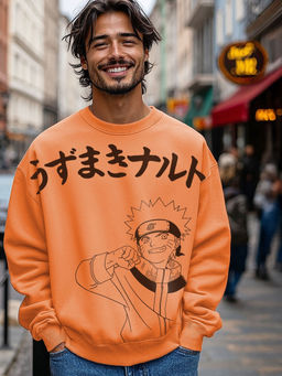 Bewakoof - Naruto Men's Orange Graphic Printed Oversized Sweatshirt