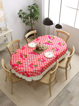 The Home Story - 6 Seater PVC Anti Slip Oval Dining Table Cover 60x90 Inches Pink Roses
