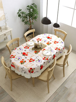 The Home Story - 6 Seater PVC Anti Slip Oval Dining Table Cover 60x90 Inches Red & Violet Flowers