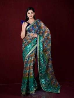 EXCLUSIVA - Green Printed Cotton Saree with Unstitched Blouse