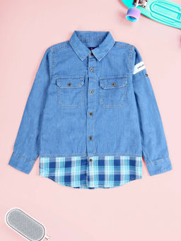 KiddoPanti - Boys Light Blue Cotton Contrast Red Check Fabric Denim Shirt