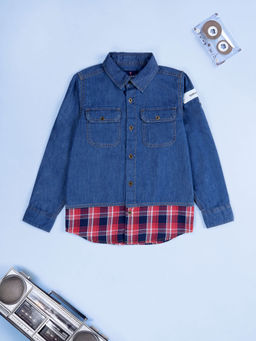KiddoPanti - Boys Dark Blue Cotton Contrast Red Check Fabric Denim Shirt