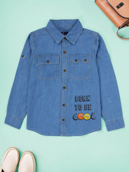 KiddoPanti - Boys Blue Full Sleeve Contrast Patch Wash Denim Shirt