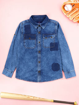 KiddoPanti - Boys Blue Full Sleeve Double Flap Pocket Denim Shirt