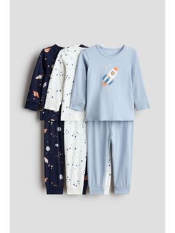 H&M - Girls Blue 3-Pack Printed Cotton Pyjamas