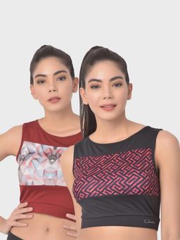 Clovia - Comfort-fit Geometric Print Active Crop Top Multi-Color (Pack of 2)