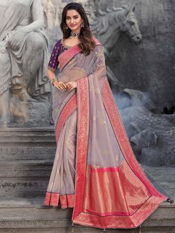 Odette - Purple Banarasi Silk Floral Designer Saree with Unstitched Blouse
