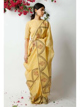 Tjori - The Somber Yellow Floral Block Print Kota Doria Saree without Blouse
