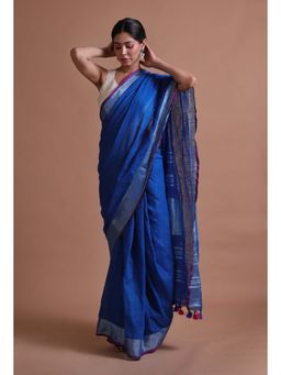 Tjori - Blue Solid Tassels Cotton Linen Saree with Unstitched Blouse