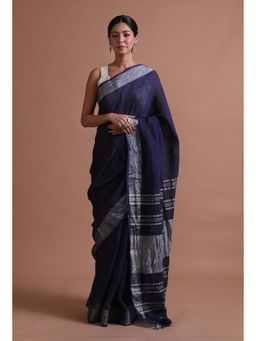 Tjori - Navy Blue Solid Cotton Linen Saree with Unstitched Blouse