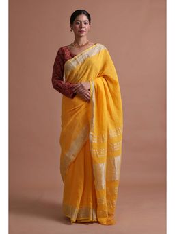 Tjori - Yellow Solid Cotton Linen Saree with Unstitched Blouse