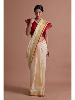 Tjori - Off White Solid Tassels Cotton Linen Saree with Unstitched Blouse