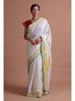 Tjori - White and Green Solid Tassels Cotton Linen Saree with Unstitched Blouse
