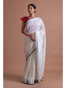 Tjori - White and Black Solid Tassels Cotton Linen Saree with Unstitched Blouse